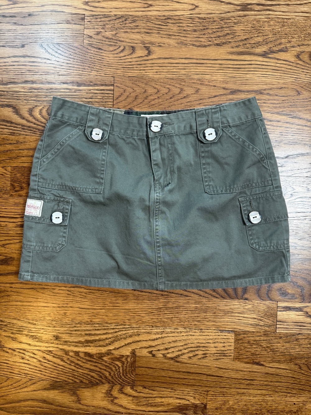 BONGO Vintage Y2K Olive Green Cargo Mini Skirt Pockets Button Cotton Solid Sz 7